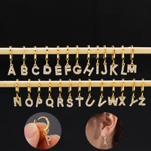 Fashion Brass 18K Gold Plated Letter Hoop Earrings Rhinestone Initial Huggie Drop Earrings Everyday Party Statement Gift Jewelry For Women