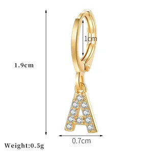 Gold plated rhinestone letter A hoop earring detail view showing size and 0.5g lightweight design.