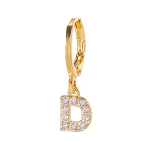 Gold plated letter D hoop earrings with sparkling cubic zirconia pave for women and girls daily.