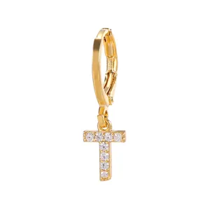 Gold plated letter T huggie hoop earrings with sparkling cubic zirconia pendant chic jewelry