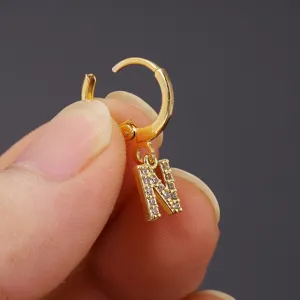 Gold-plated rhinestone letter N hoop earrings, trendy minimalist alphabet charm jewelry for women.