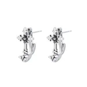 Men's retro cross zircon stud earrings, stylish niche design silver hoop jewelry for daily wear.