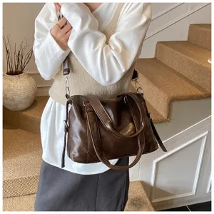 Sac bandoulière Boston marron rétro pour femme, grande capacité fourre-tout décontracté.