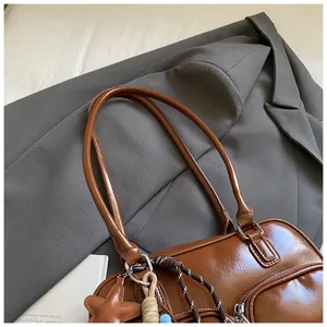 Borsa a spalla retrò in pelle marrone da donna grande capacità borsa bowling moda invernale