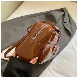 Borsa a tracolla stile bowling marrone lucida da donna, borsa in pelle PU retrò con zip.