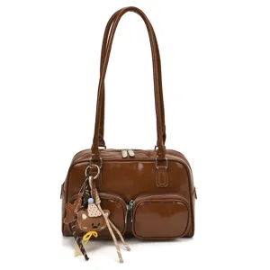 Borsa a tracolla bowling retrò di grande capacità da donna, elegante borsa in pelle PU.