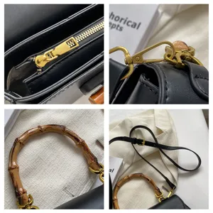 Sac à main bandoulière en cuir noir vintage avec poignée en bambou et détails dorés.