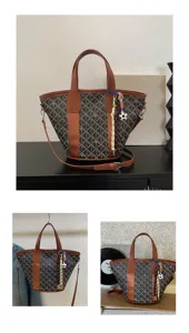 Woven pattern bucket bag with brown leather trim, top handle and detachable shoulder strap.