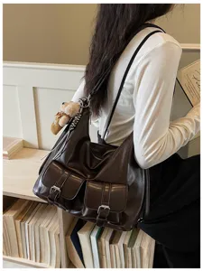 Vintage retro large capacity women shoulder bag with multi pockets and stylish design chic daily