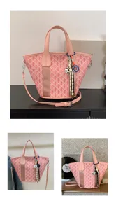 Pink chevron pattern tote bag, large capacity shoulder crossbody bag with top handles and charm.