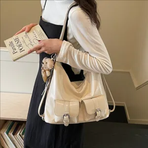Vintage PU Leather Large Capacity Women Backpack Casual Commuting Tote Bag Multi-Purpose Shoulder Bag With Bear Pendant