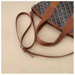 Women chevron pattern tote bag brown leather shoulder cross body commuter handbag stylish