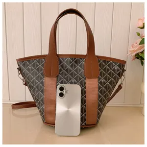 Cross-border chic women tote bucket bag geometric grid pattern daily commuting shoulder bag