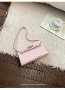 Pink crocodile embossed leather handbag stylish shoulder bag retro crossbody bag for women