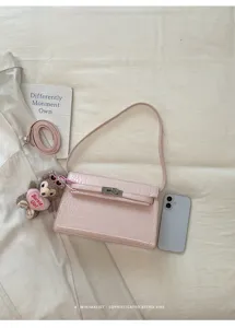 Pink crocodile embossed leather shoulder bag retro chic top handle handbag for women casual daily