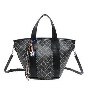 Women Black Grid Tote Bag PU Leather Commuting Bucket Bag with Crossbody Strap and Charm