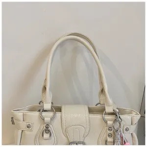 Retro cream white PU leather handbag detail view, elegant shoulder tote bag for women.