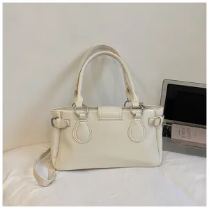 White retro PU leather handbag, elegant tote bag with top handles and shoulder strap.