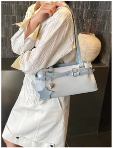 Chic light blue and white shoulder bag with stylish buckle and cute star heart pendants.