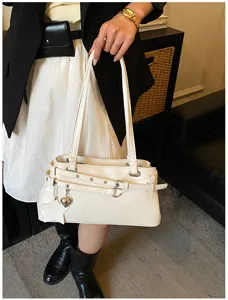 White PU leather shoulder bag trendy underarm bag large capacity tote bag with charms