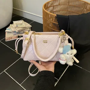 Women Fashion Quilted Underarm Bag PU Leather Handbag Commuter Shoulder Bag With Chain Strap And Cute Bear Pendant