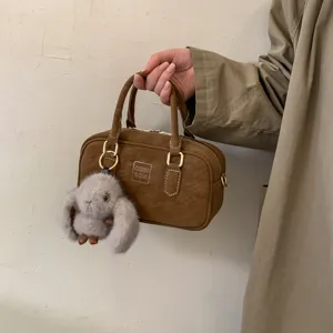 Minimalist Synthetic Leather Boston Bag With Bunny Pendant Top Handle Crossbody Shoulder Bag Women Fashion Handbag