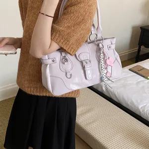 Retro purple underarm shoulder bag for women, stylish Y2K buckle design tote handbag.