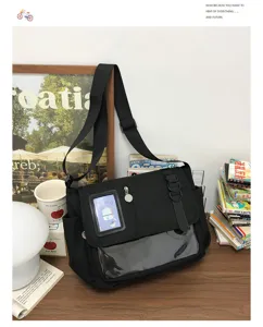 Detailed view of the black messenger bag showcasing a clear front window and pin display pocket.