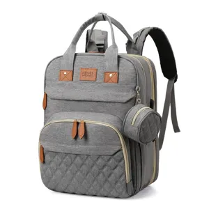 Zaino per pannolini grigio multifunzionale con grande capacità, tasche e design elegante.