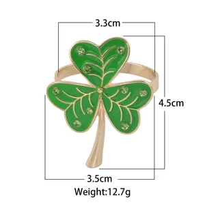 Green enamel shamrock napkin ring with rhinestones, metal st patricks day table decor