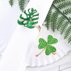 Green leaf and clover napkin rings set metal table decor for party dinner wedding table settings