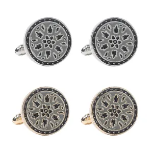 Set di gemelli floreali smaltati rotondi, metallo color argento e oro per camicia da uomo.