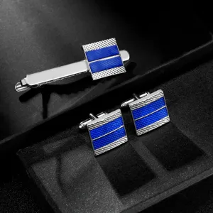 Ensemble de boutons de manchette et pince à cravate en émail bleu, design texturé.