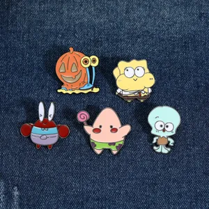 Cute cartoon metal enamel pins set featuring SpongeBob and friends character badges detail view.