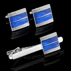 Ensemble Boutons de Manchette Pince à Cravate en Alliage pour Hommes Affaires Base Argent Motif Grille Bleu Accessoires Chemise Formelle Boutons de Manchette Français Géométriques Barre de Cravate Cadeau de Luxe