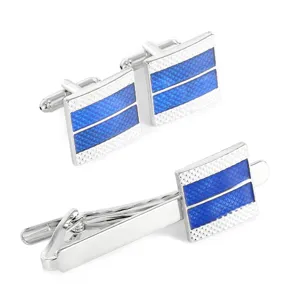 Ensemble de boutons de manchette et pince à cravate argentés pour homme motif émail bleu