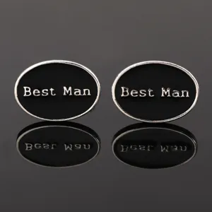 Mens black oval cufflinks with Best Man text, classic silver trim for wedding groomsmen suits.