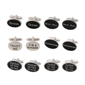 Men wedding silver oval cufflinks set best man groom groom's father engraved shirt cuff links