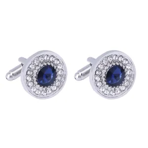 Boutons de manchette ronds argentés avec pierre centrale bleu foncé et strass