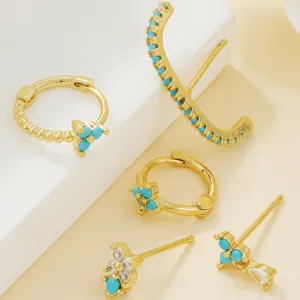 Frisch Süß Kupfer Plattiert Blume Ohrringe Set Mit 925 Sterling Silber Ohrstecker-Stift Gold Silber Strass Blau Kleine Blumen Ohrringe Schmuck Set Für Damen Party Geschenk
