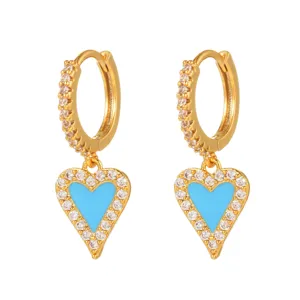 Boucles d'Oreilles Créoles Pendantes Cœur Émail Bleu Zircon Plaqué Or Mode Tendance