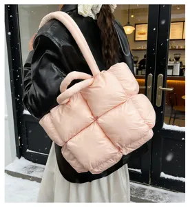 Pink padded quilted tote bag, soft winter shoulder bag, large capacity casual puffer handbag.