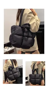 Black Puffer Tote Bag Large Capacity Quilted Shoulder Bag Casual Soft Padded Handbag For Women