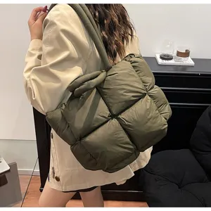 Dark green puffer tote bag, large capacity quilted cotton shoulder bag for women winter.