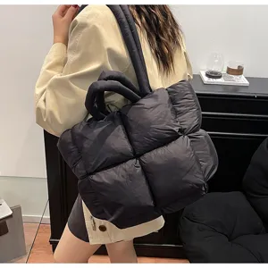 Padded puffer tote bag quilted lightweight shoulder bag casual minimalist design detail