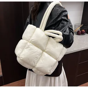 Winter padded tote bag for women, large capacity soft puffer shoulder bag, stylish casual design.