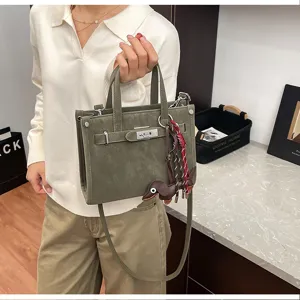 Green leather handbag women stylish tote bag fashion shoulder crossbody bag with cute charm