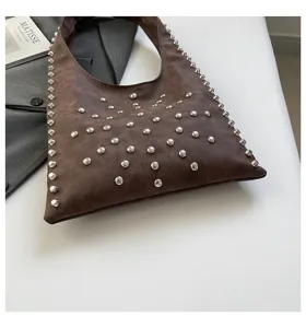 Stylish brown hobo shoulder bag with silver stud rivets, trendy casual designer purse for women.