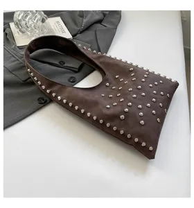 Brown faux leather hobo shoulder bag with metal rivet studs for women daily vintage fashion