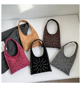 Suede shoulder bag with metal studs, casual chic underarm tote bag in multiple colors.